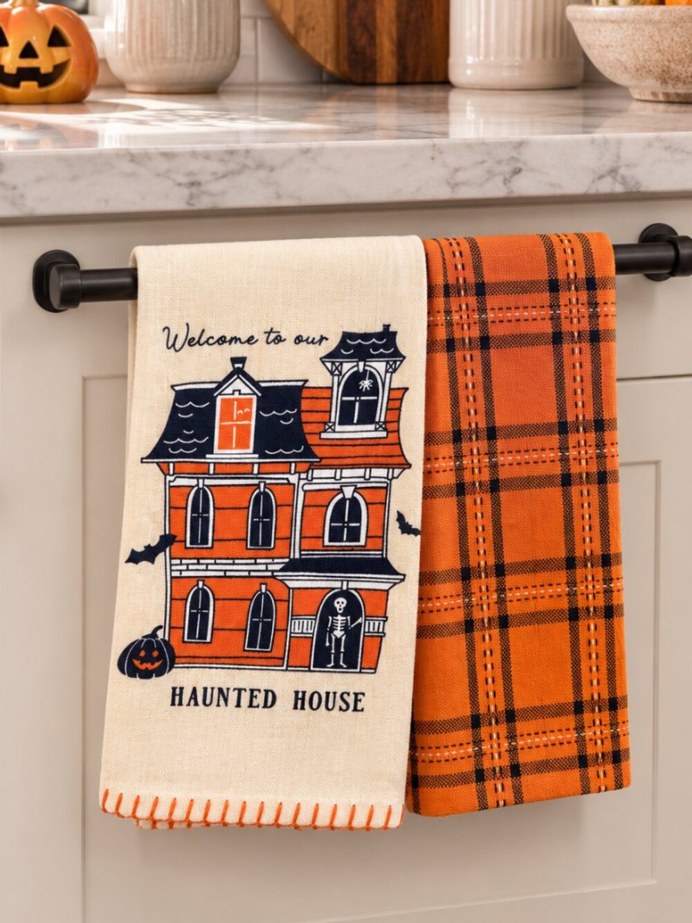 Hyde & EEK! Haunted House Halloween Kitchen Towels 2 Pack Orange Plaid New